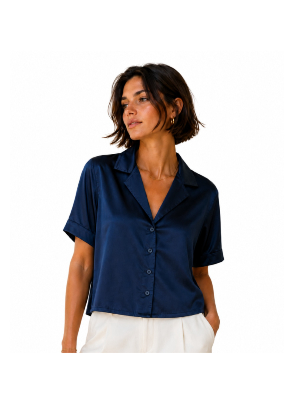 Women’s Short Sleeve Satin Silk Casual Shirt–Ritam Online–Dark Blue–Size M-NWOT